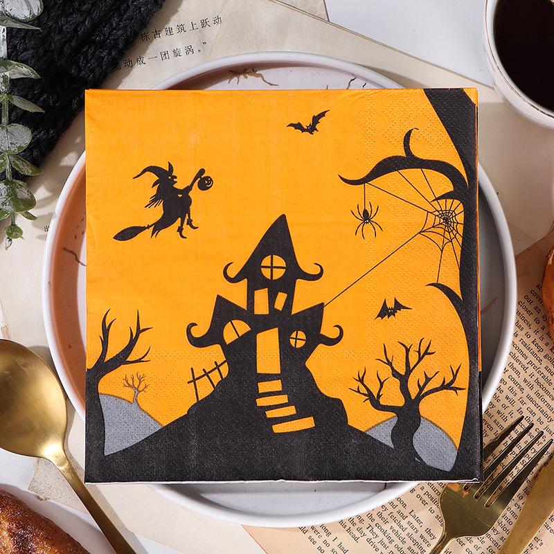 Haunted House Halloween Napkins: Orange & Black, Square, Witch & Cat Design