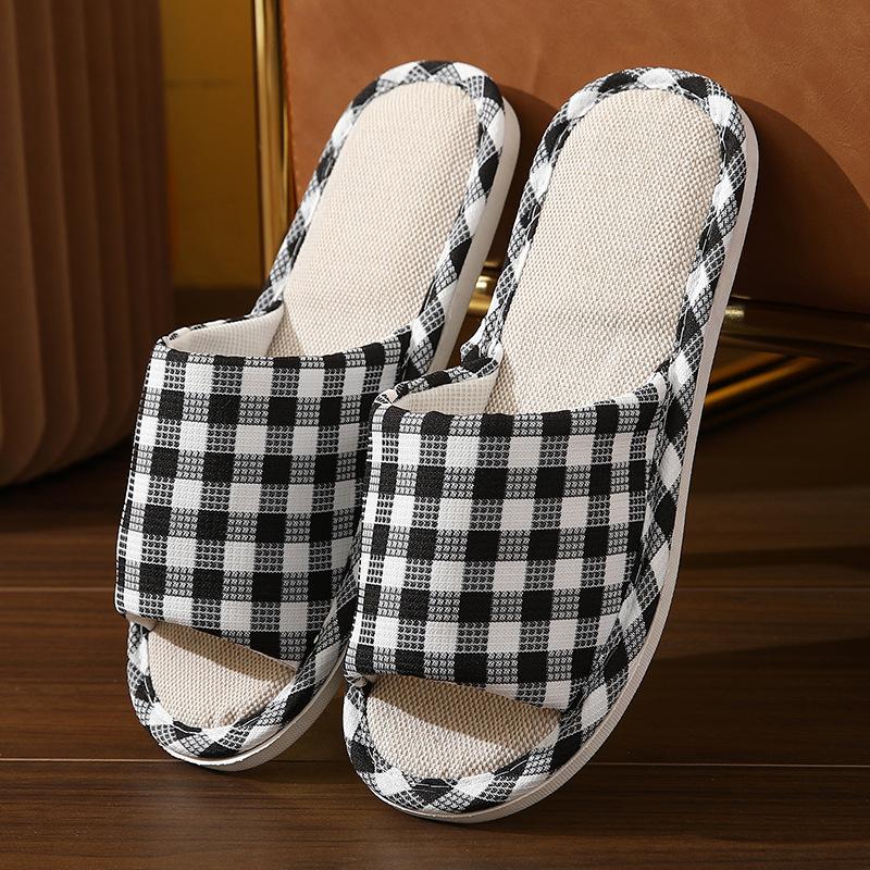 New Four Seasons Wood Flooring Home Couple Cotton and Hemp Four Seasons Cloth Slippers Diamond Checkerboard and Linen Slippers