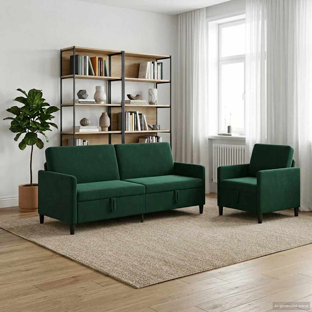 Sofa Set with Storage 2 Pcs Dark Green Polyester