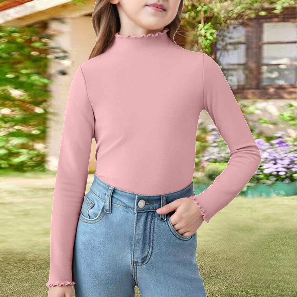 Girls' Ruffle Trim Tee - Color Long Sleeve Blouse