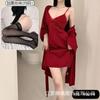 Spring and Summer Sexy Nightdress Lace Temptation V-neck Gathering Ice Silk Suspender Nightdress Backless Chest Pad Suspender Nightdress Set