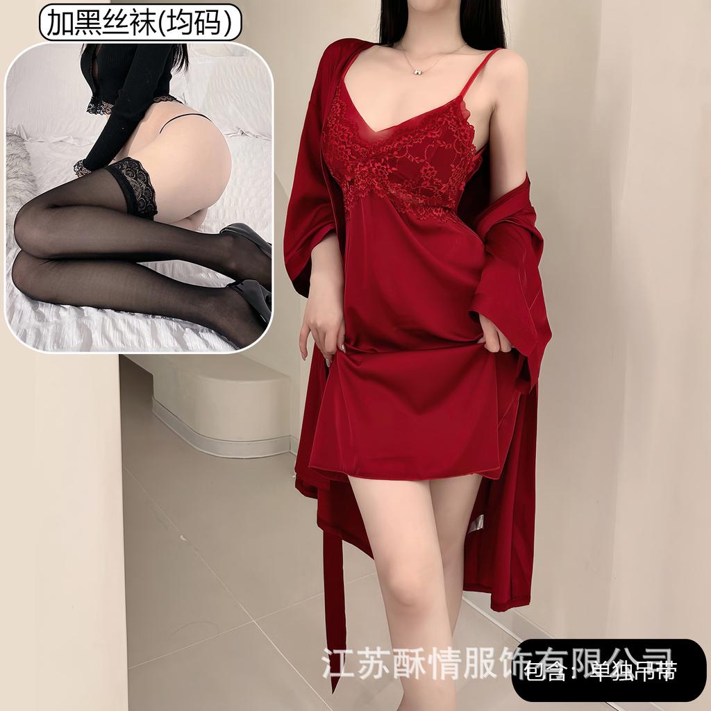 Spring and Summer Sexy Nightdress Lace Temptation V-neck Gathering Ice Silk Suspender Nightdress Backless Chest Pad Suspender Nightdress Set