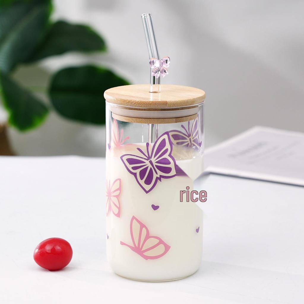 Inspired Butterfly Daisy Glass Cup with Bamboo Lid & Straw - Stylish Juice/Milk Cup for Home.