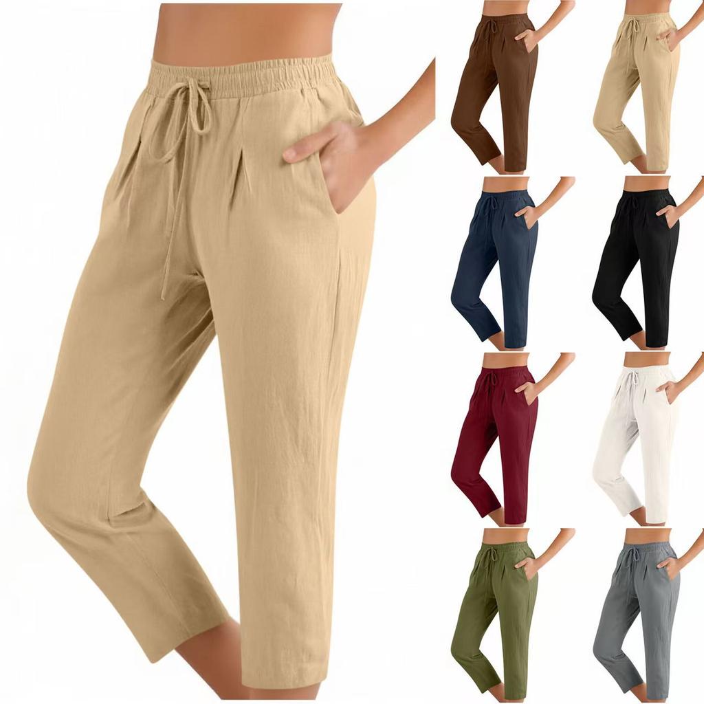 Pantaloni Capri da Donna in Misto Lino con Coulisse Vita Elastica Pantaloni Corti Casual con Tasche