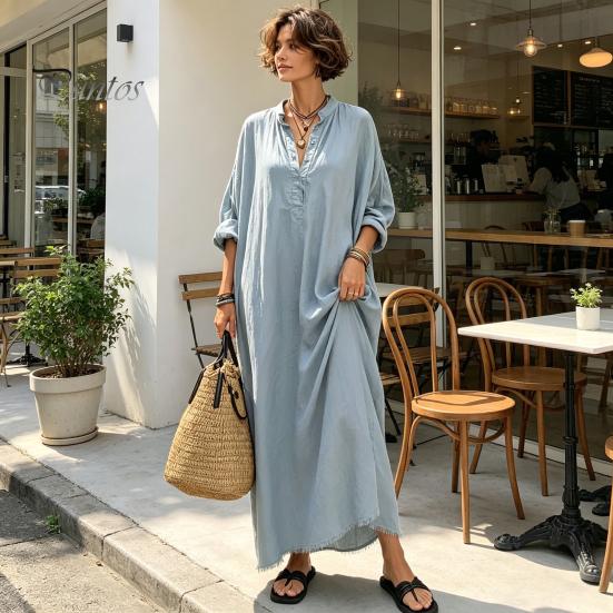 Casual Dress Summer Maxi for Women, V-Neck Oversized Boho Long Elegant Dress, Sleeve Button Up Vacation Sundress with Pockets Soft Fabric