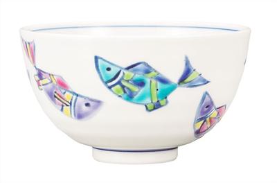 Kutani Ware Iwataya Rice Bowl with Fish Pattern K9-471