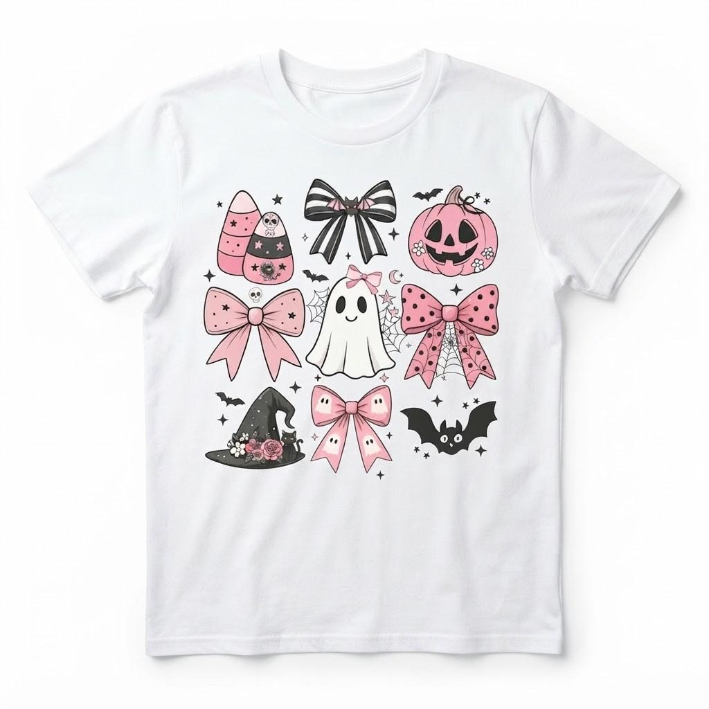 Halloween Shirt Pink Bow Coquette Halloween T-Shirt Pumpkin Ghost Youth T-Shirt