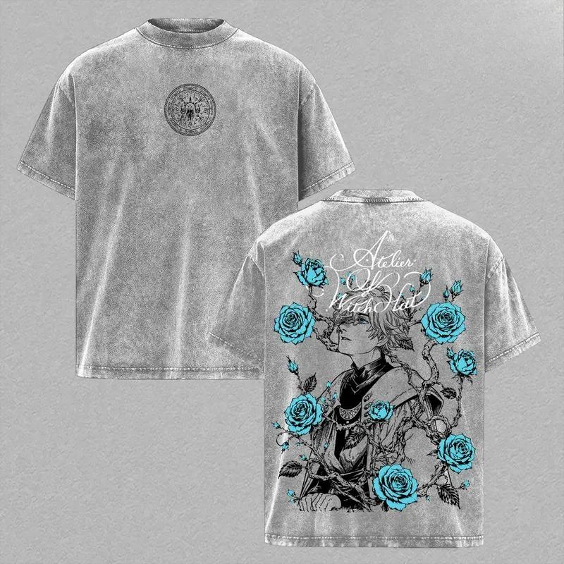 Hot Anime Witch Hat Atelier Qifrey Print T-shirt Men Women Short Sleeve Clothing Cotton Tshirt Retro Washed T Shirt Manga Tops
