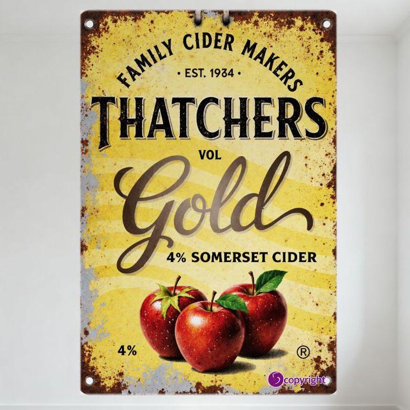 Vintage Thatchers Gold Somerset Cider Metal Tin Sign Family Cider Makers EST.1934 4% Alcohol with Red Apples Rustic Retro Advert 20x30cm（7.8x11.8inch）