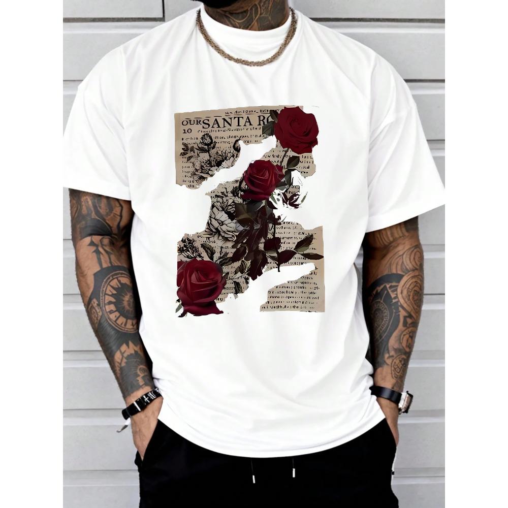 European sizes Rose Print Comfortable and Soft Tee Shirt, Tees for Men, Casual Short Sleeve T-shirt for Summer