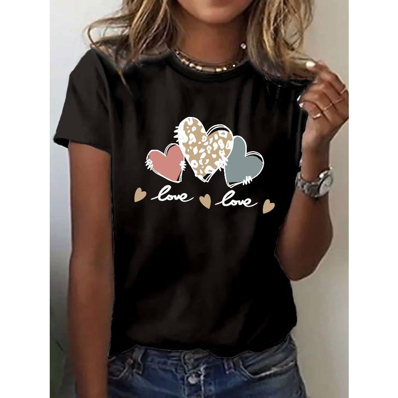 European Size [Leopard Heart T-Shirt] Leopard Printed Heart T Shirt - Women's Summer and Spring Short Sleeve Crew Neck Casual Tops