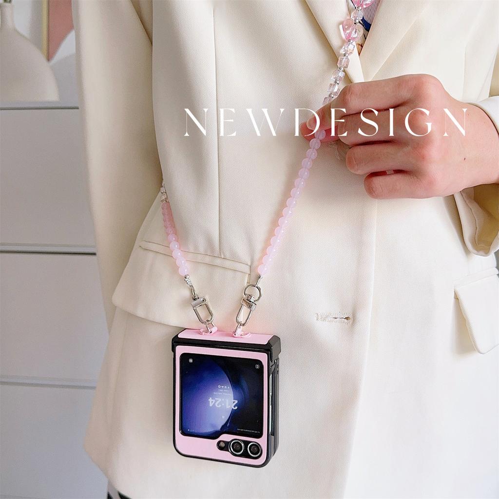 For Samsung Galaxy Z Flip7 FE 5G/Z Flip6 5G Case Heart Pattern Leather+PC Phone Cover with Crossbody Beaded Strap