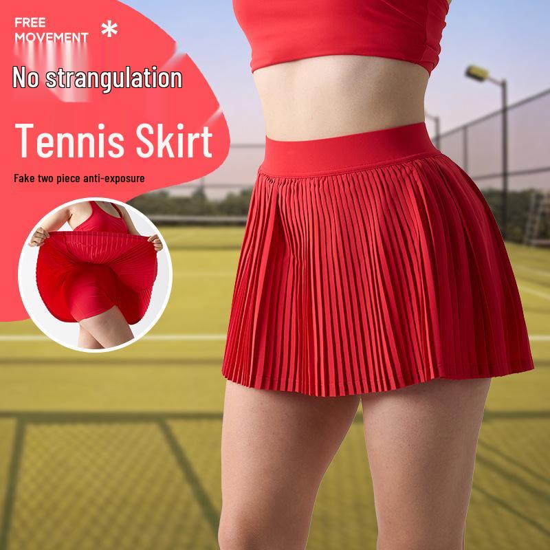 

In-Stock High Waist Pleated Athletic Skort with Anti-Exposure and Quick-Drying Features, Side Pockets, and Midi Length Medium