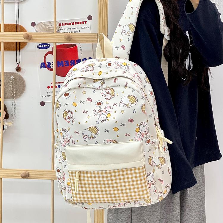 Schoolbag new backpack cartoon printing plaid color matching lightweight campus versatile schoolbag junior high school large capacity backpack