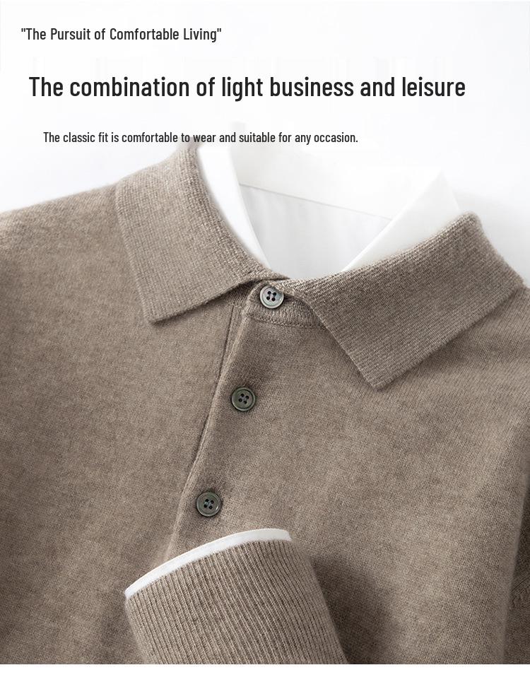 Men's Cashmere Polo Collar Sweater, Solid Color Knitwear, Long Sleeve Button-Up Pullover for Autumn/Winter