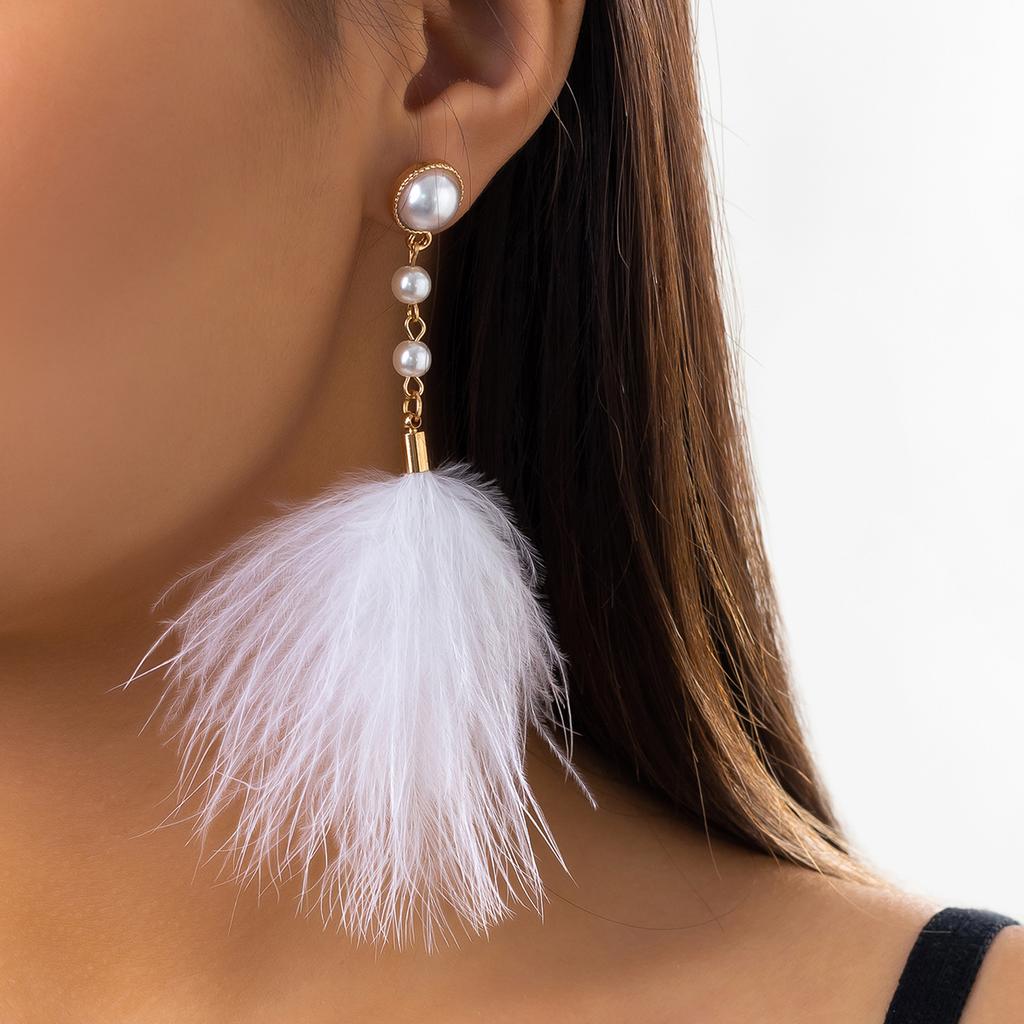 Temperament Feather Fringed Imitation Pearl Earrings, Retro Style Personality Simple Niche Stud Earrings For Women