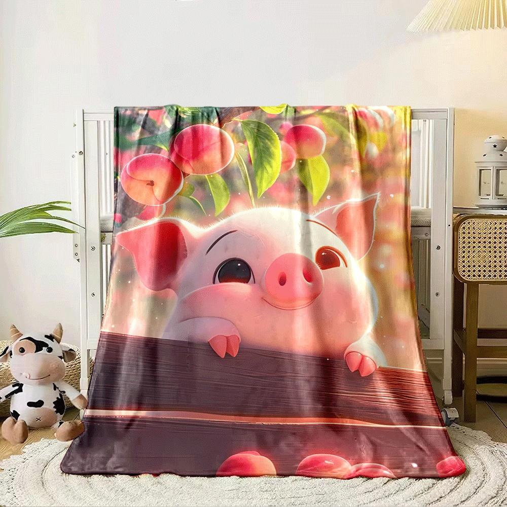 A joyful piglet peeking over a wooden fence under a tree with peaches. for all seasons blanket lunch break throw gift 80cm x 120cm