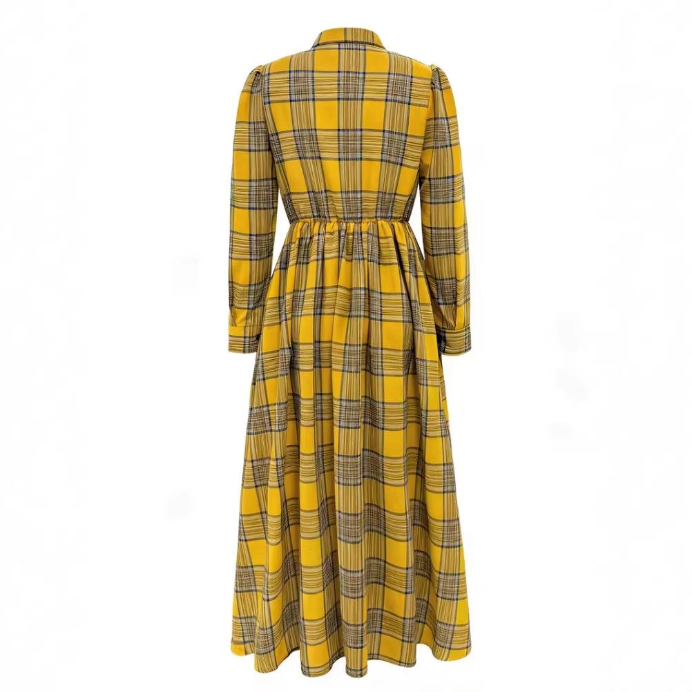 European and American French Style Retro Plaid Waist Fashionable and Elegant Big Swing Dress
