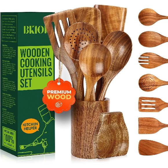 Wooden Spoons for Cooking, Teak Wooden Utensil Set, Handmade Cooking Utensil Set with Spoon Rest and Utensils Holder (9Pcs)