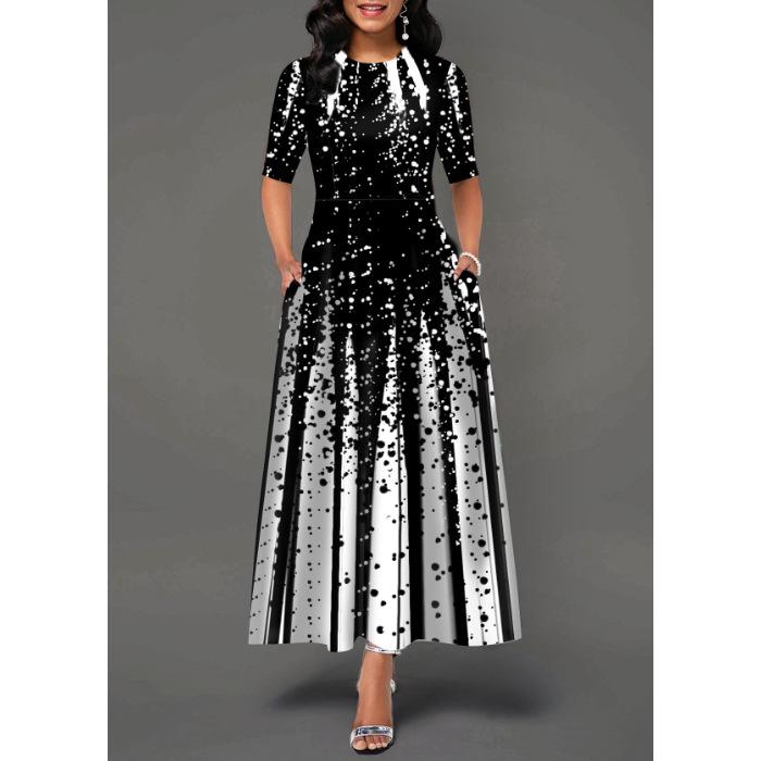2026 Gradient Print Mid-Sleeve Long Dress for Women - Black and Purple XL чёрный