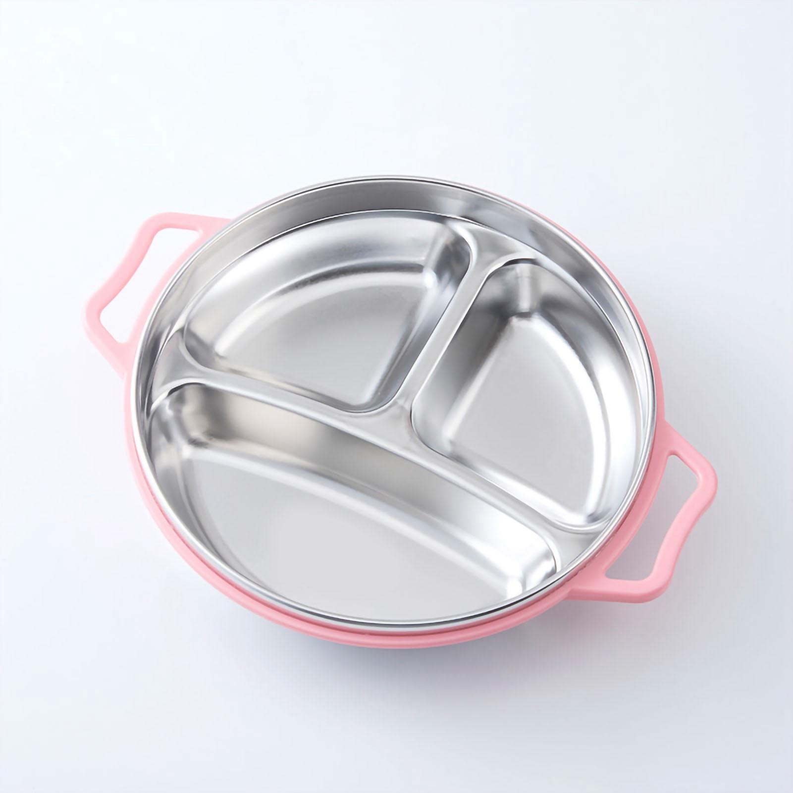 

Детская тарелка из нержавеющей стали с антиожоговой ручкой, отделением, разделенным дизайном, обеденная тарелка для розовый