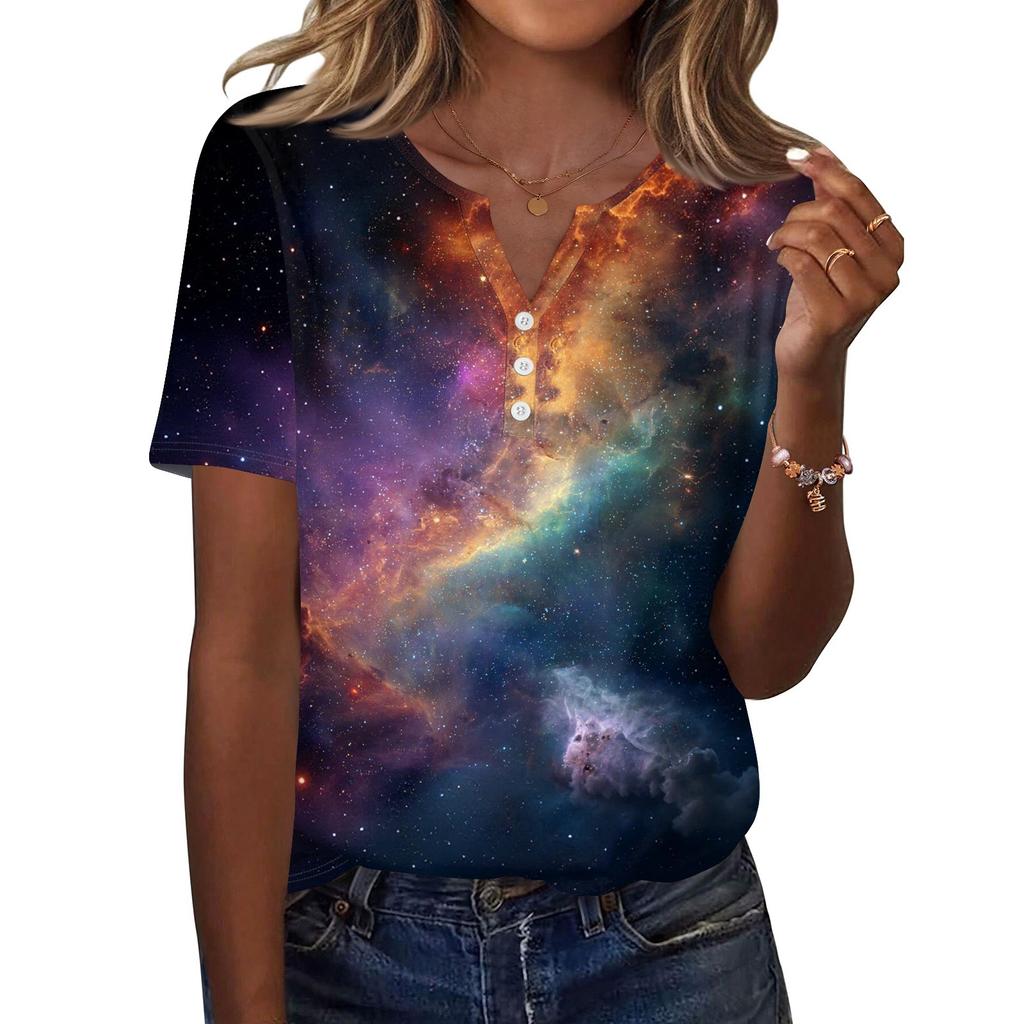 Damska Koszulka z Nadrukiem Guziki Krótki Rękaw Codzienna Weekendowa Moda Podstawowy Dekolt V Regularny Top