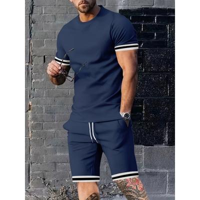 2-teiliges Herren Chic Gestreiftes Sommerbekleidungsset, Herren Kurzarm Rundhals T-Shirt und Sportliche Kordelzug-Shorts mit Taschen
