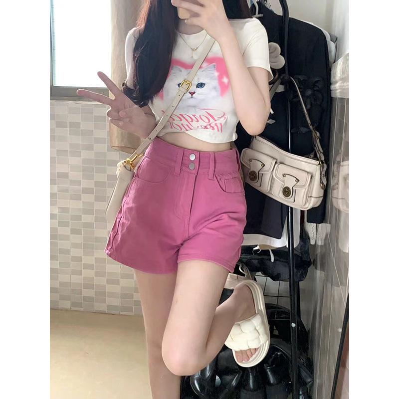 High-Waisted Pink Denim Shorts for Women: Plus Size, Loose-Fit, A-Line, Wide-Leg, Trendy Summer Style