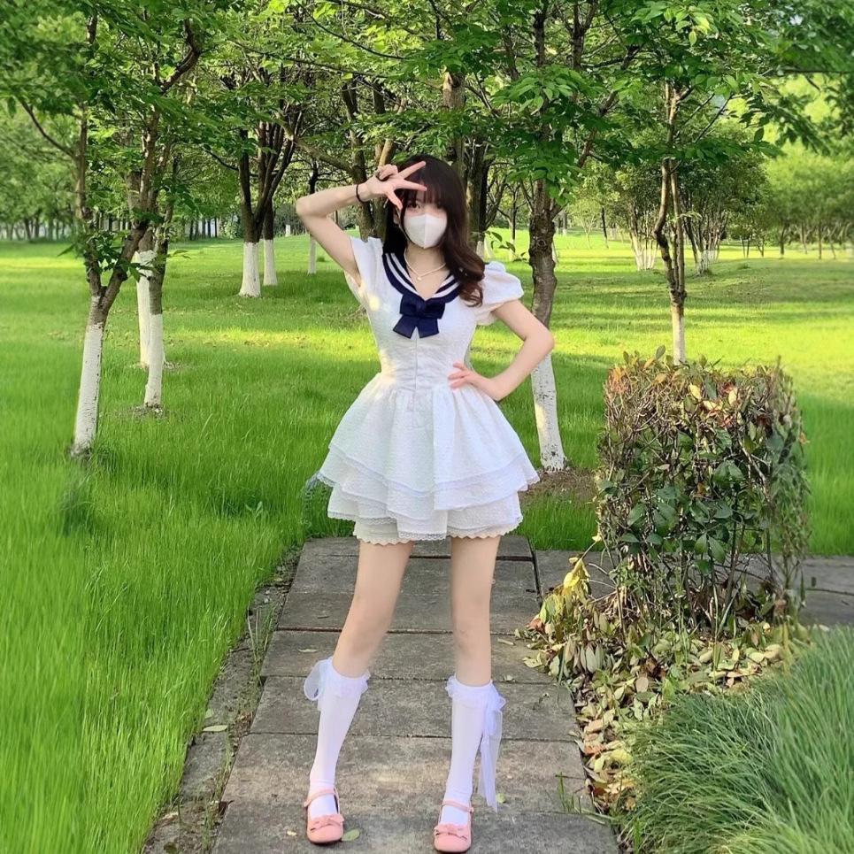 Princess On the Run Navy Collar College Style Small Spice Girl Skirt Three-layer Lace Lace Pure Sweet Trouser Dress