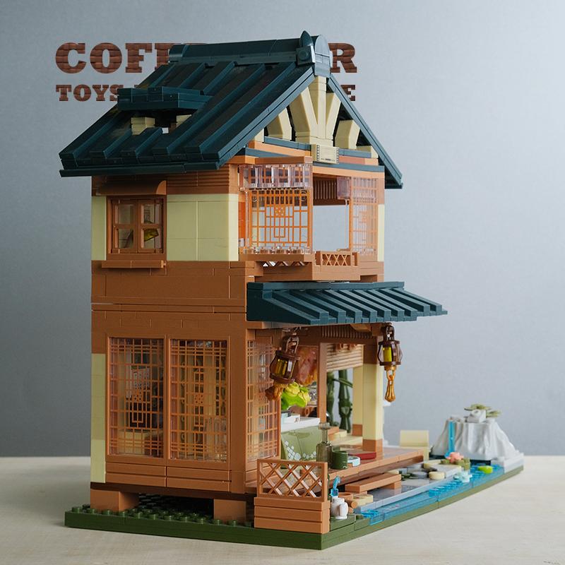 Japanese View Wooden House MOC Bricks City LED Log Cabin Building Blocks Toys Tatami Room Plastic Model Adult Kids Birthday Gift