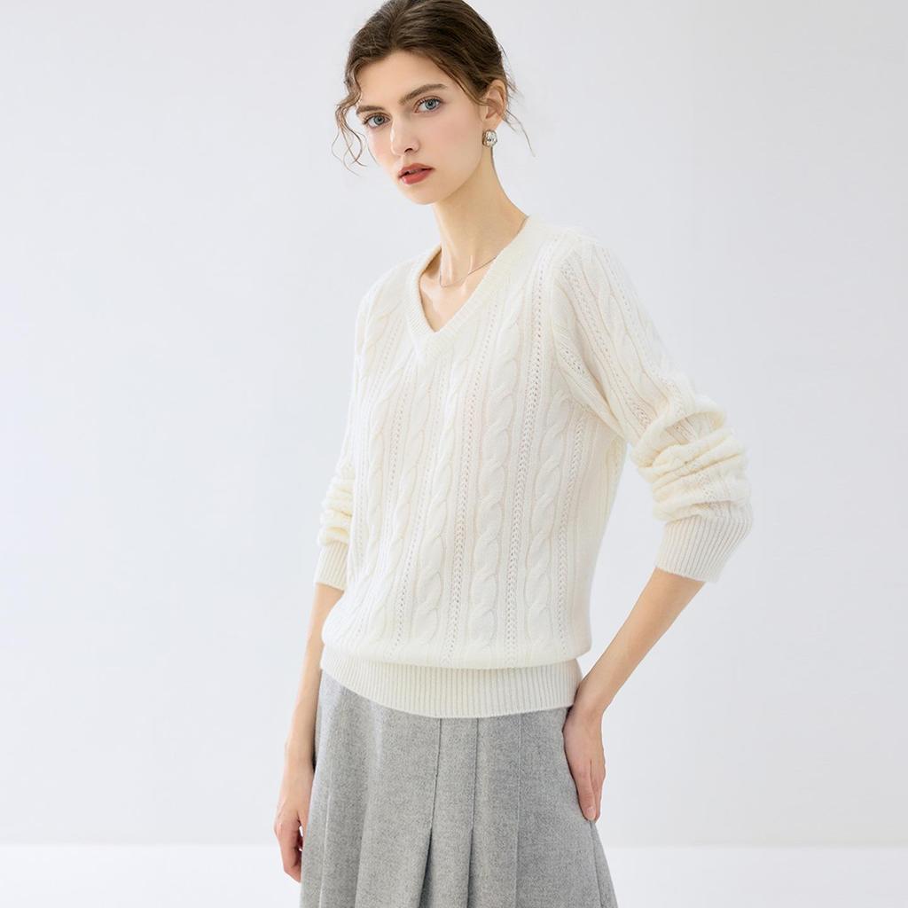 Lekasha Women's Cashmere V-Neck Cable Knit Pullover for Autumn/Winter