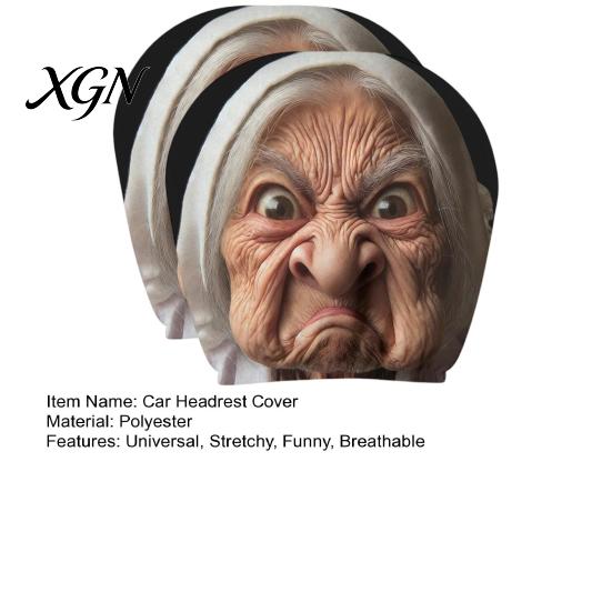 Auto Interior Accessories 2Pcs Funny Granny Face Car Headrest Covers, Breathable Seat Vehicle Protector Protectors, Stretchy Universal for SUV