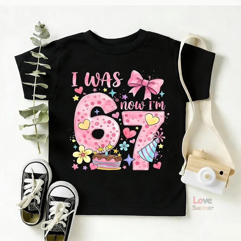 Bow I Was 6 Now I’m 7 Birthday T Shirts 67number Birthday Girl T-Shirt Kids Birthday Party Girl Tees Italian Brainrot Funny Gift