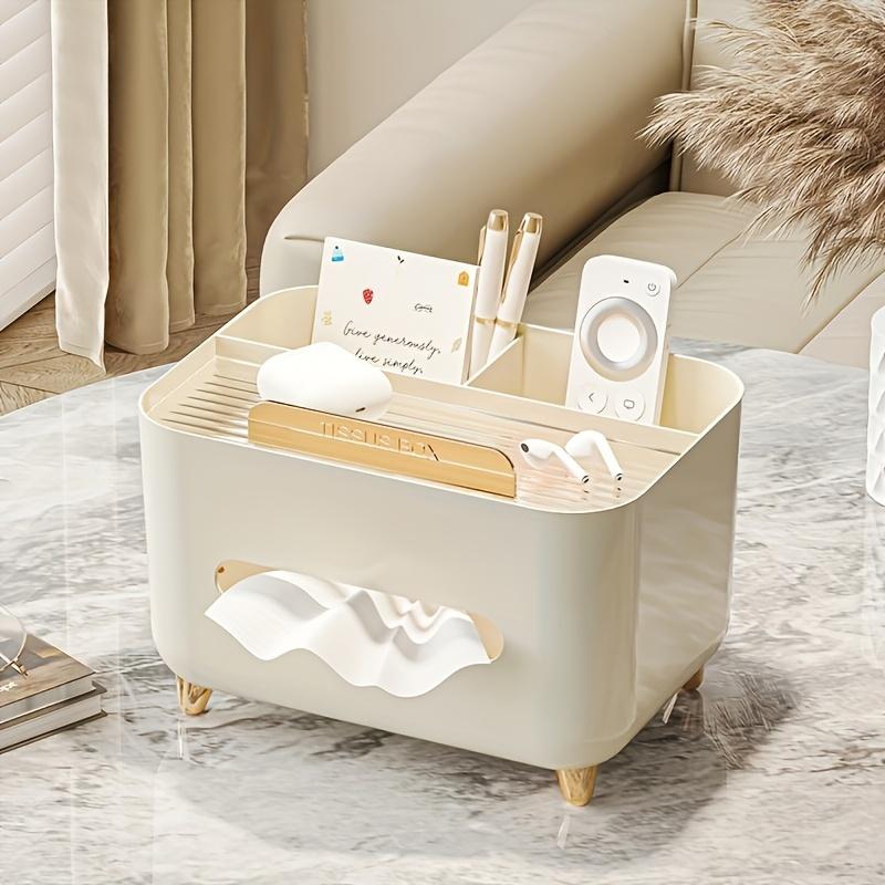 1pc Multifunctional Desk Organizer Tissue Box with Remote Storage - Stylish Cream Design, 3 Compartments for Home Office or Study Table Organization