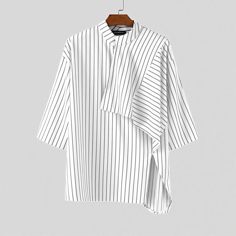 

INCERUN Men Stand Neck Half Sleeve Irregular Front Cross Striped Casual Shirts Tops S