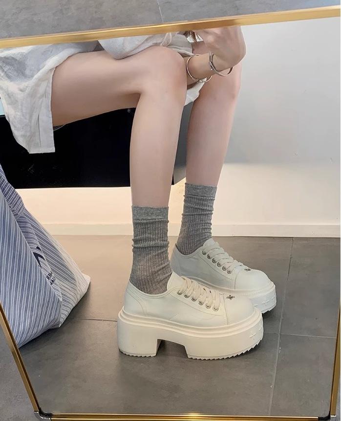 

Sheepskin version~ thick-soled lace-up canvas shoes for women s spring and autumn new cross flower height-increasing muffin single shoes British sm 40