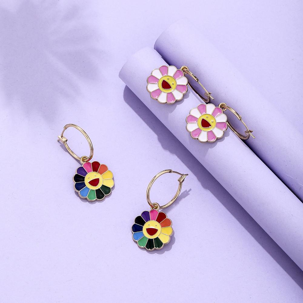 Modern Oil Daisy Drip Ring Colorful Flower Earrings Alloy Jewelry For Women