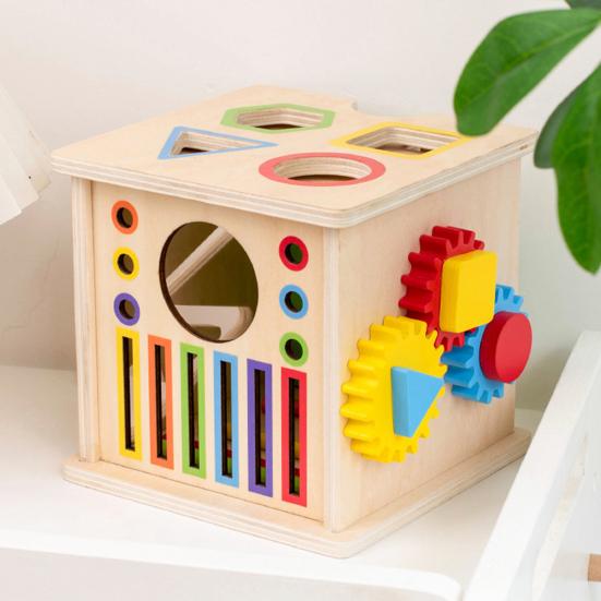 Baby Busy Cube Toy Sorting Fine 8-In-1 Wooden Activity Motor Skills Color Shape Cube Travel Portable