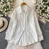Women's Lapel Collar Long Sleeve Shirt Loose Fit Heavy Beaded Rhinestone Embroidery Blouse Vintage Floral Print Top