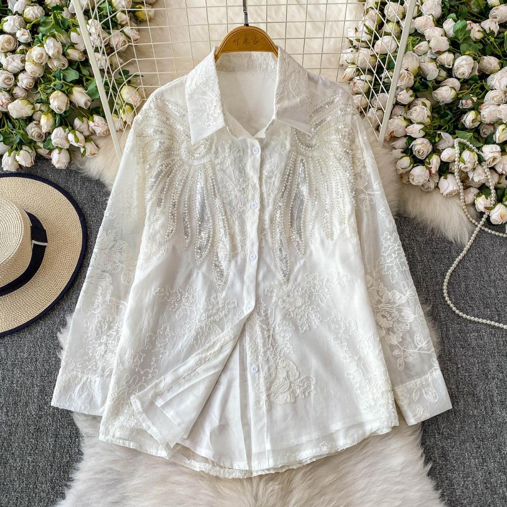 Women's Lapel Collar Long Sleeve Shirt Loose Fit Heavy Beaded Rhinestone Embroidery Blouse Vintage Floral Print Top