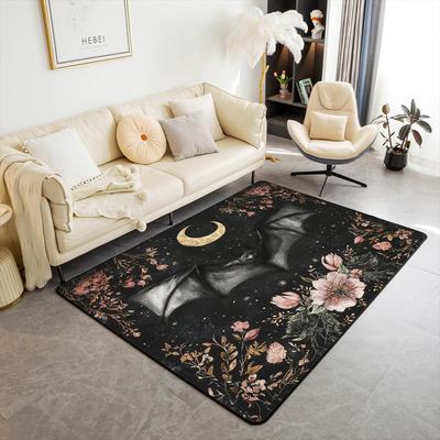 Cute Black Bat Large Area Rug 5x7, Floral Plant Leaves Living Room Rug, Starry Sky Moon Galaxy Rugs for Bedroom Boho Exotic European Style C