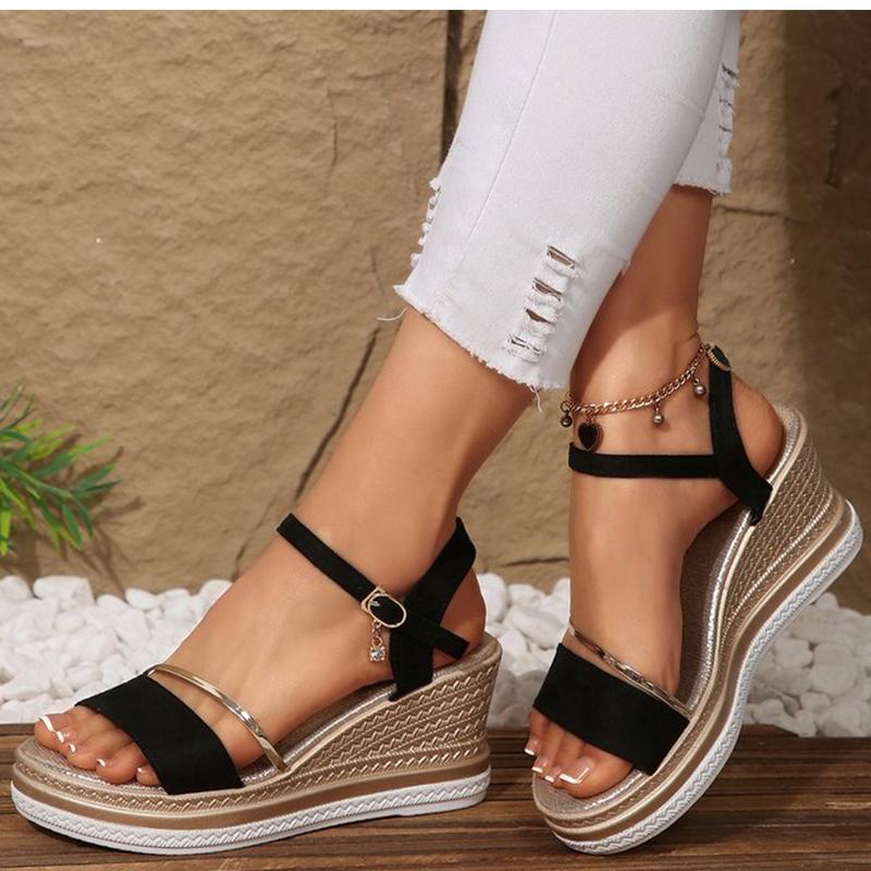 

Fashion Summer Sued Metal Bars Wedge Sandals for Women Open Toes Roman Sandalias Platform Adjustable Strap Shoes Woman Slides 43 чёрный