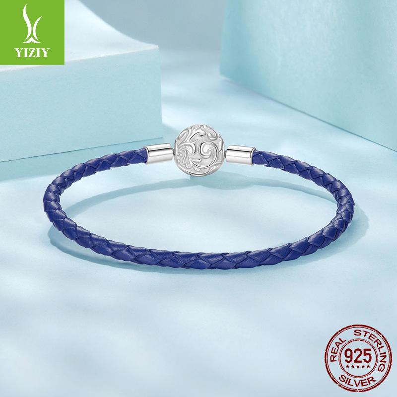 S925 Sterling Silver Roll Grass Pattern Button Head Basic Leather Rope Hand Rope, Retro Classic Leather Diy Bracelet