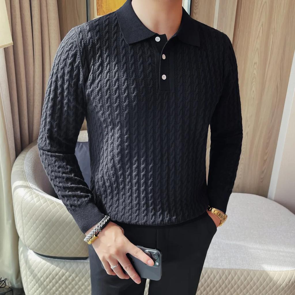 High Quality England Style Knit Polo Shirts Men Turn Down Collar Smart Casual Knitted Polos Autumn Mens Slim Fit Pullover Tops