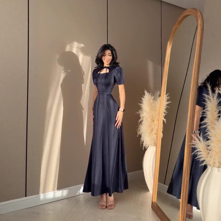 2025 Κομψό Ευρωπαϊκό & Αμερικάνικο Φόρεμα Καλοκαιρινό με Φουσκωτά Μανίκια, Δαντέλα με Κορδόνια στην Πλάτη και Στυλ Χέπμπορν για Γυναίκες