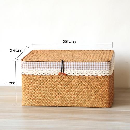 Seetanggewebte Kiste, Graskorb mit Deckel, Haushaltsaufbewahrungskorb, Snackaufbewahrung, Rattanstoff, rechteckig, Schlafzimmer-Sortierboxen