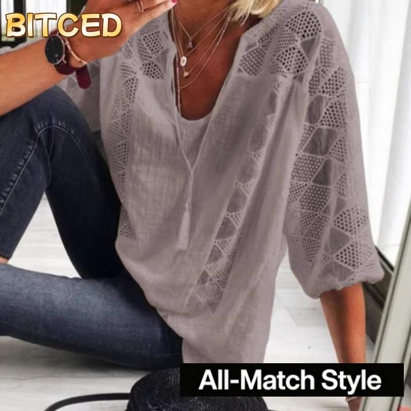 BITCED Camicette e camicie da donna con scollo a V, maniche corte, stampa tinta unita casual alla moda
