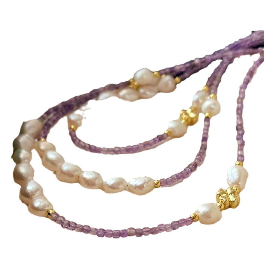 Vintage High Quality Natural Amethyst Sugar Cube Freshwater Baroque Pearl Collarbone Chain Necklace
