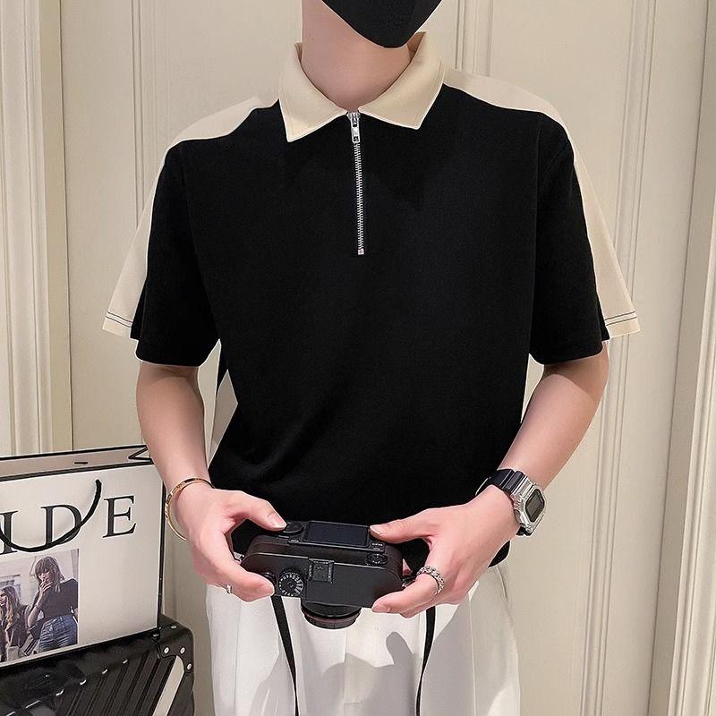 Herrenbekleidung Gespleißte T-Shirts Umlegekragen Stilvoller Reißverschluss Sommer Kontrastfarben Basic Lässig Kurzarm Poloshirts