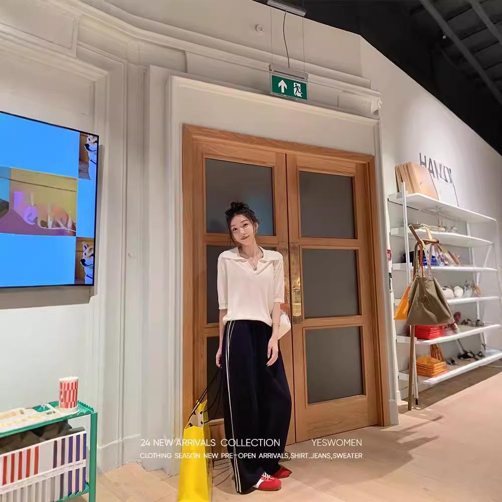 Women's Retro Color-Block Striped Wide-Leg Pants - Spring/Autumn Casual Loose Slimming Straight-Leg Long Sports Pants